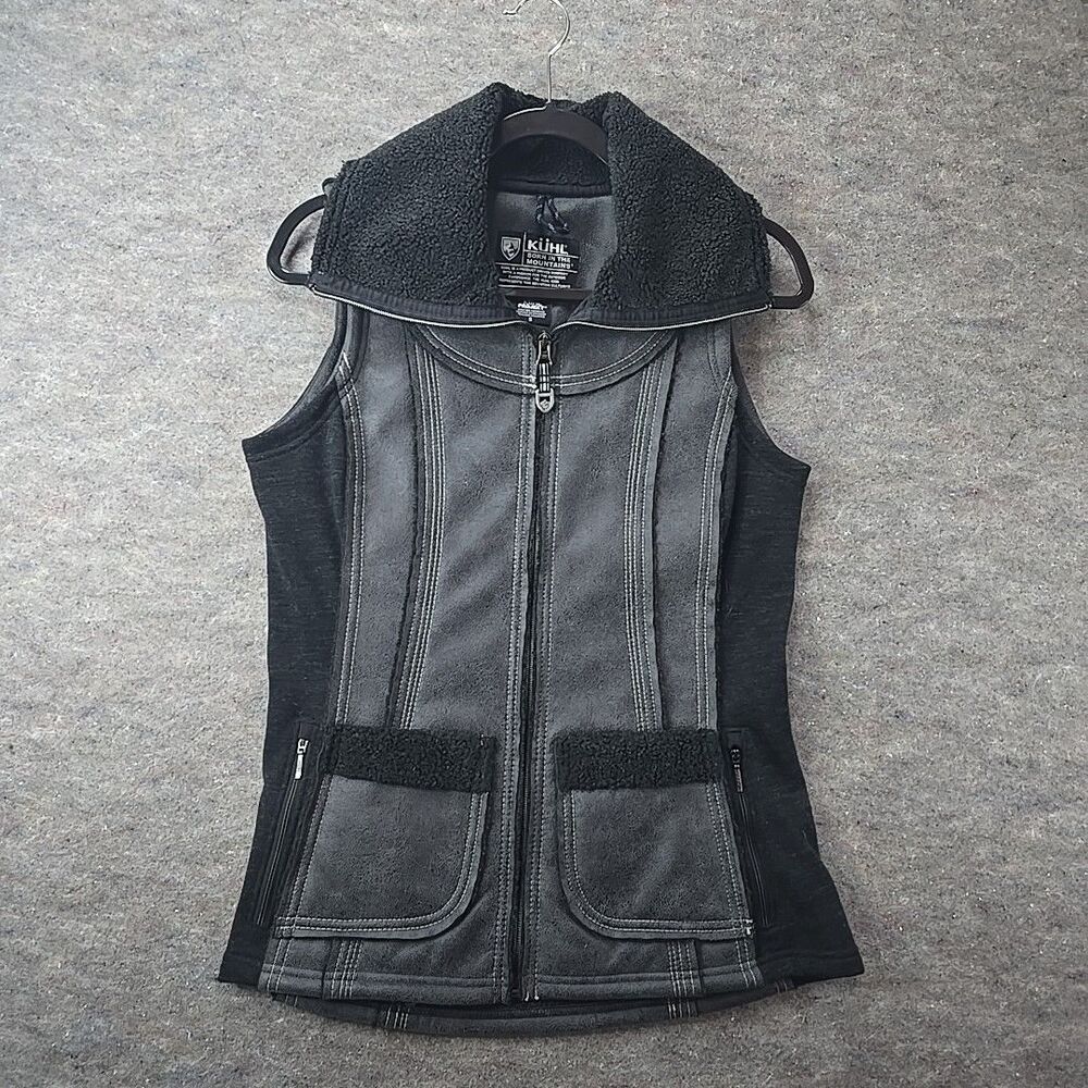 KUHL Dani Sherpa Vest Black Gray Full Zip Faux Leather Wool Fleece Womens Sz S